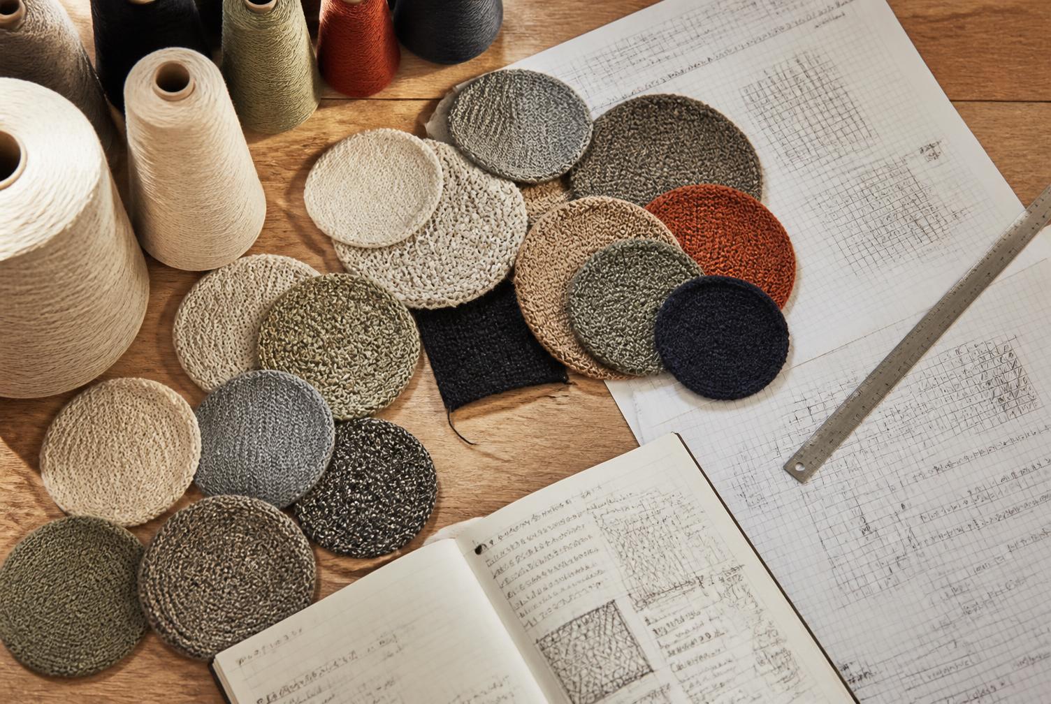 Knitted swatches, yarn cones and technical development notes