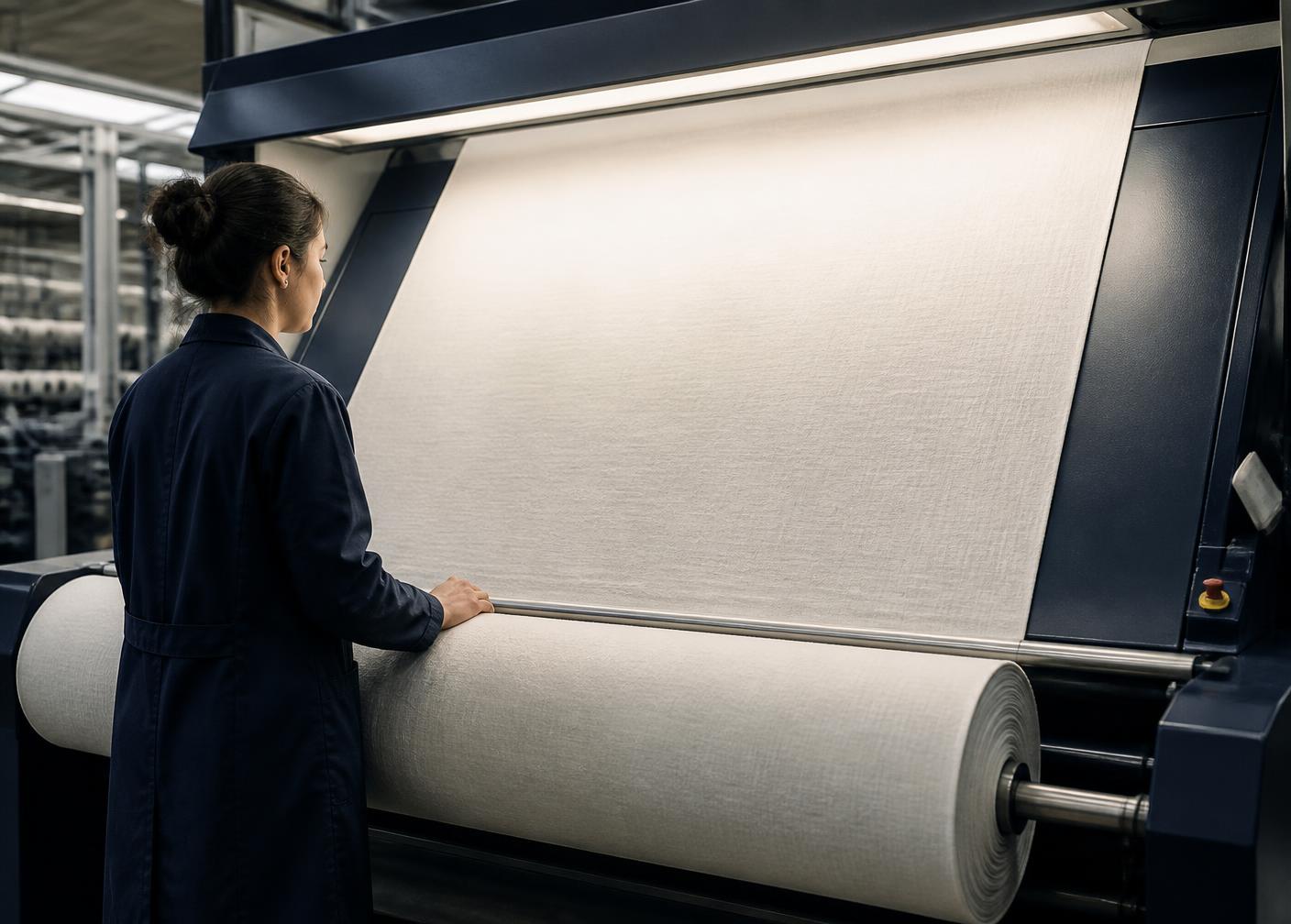 Knitted fabric being inspected on a fabric inspection machine