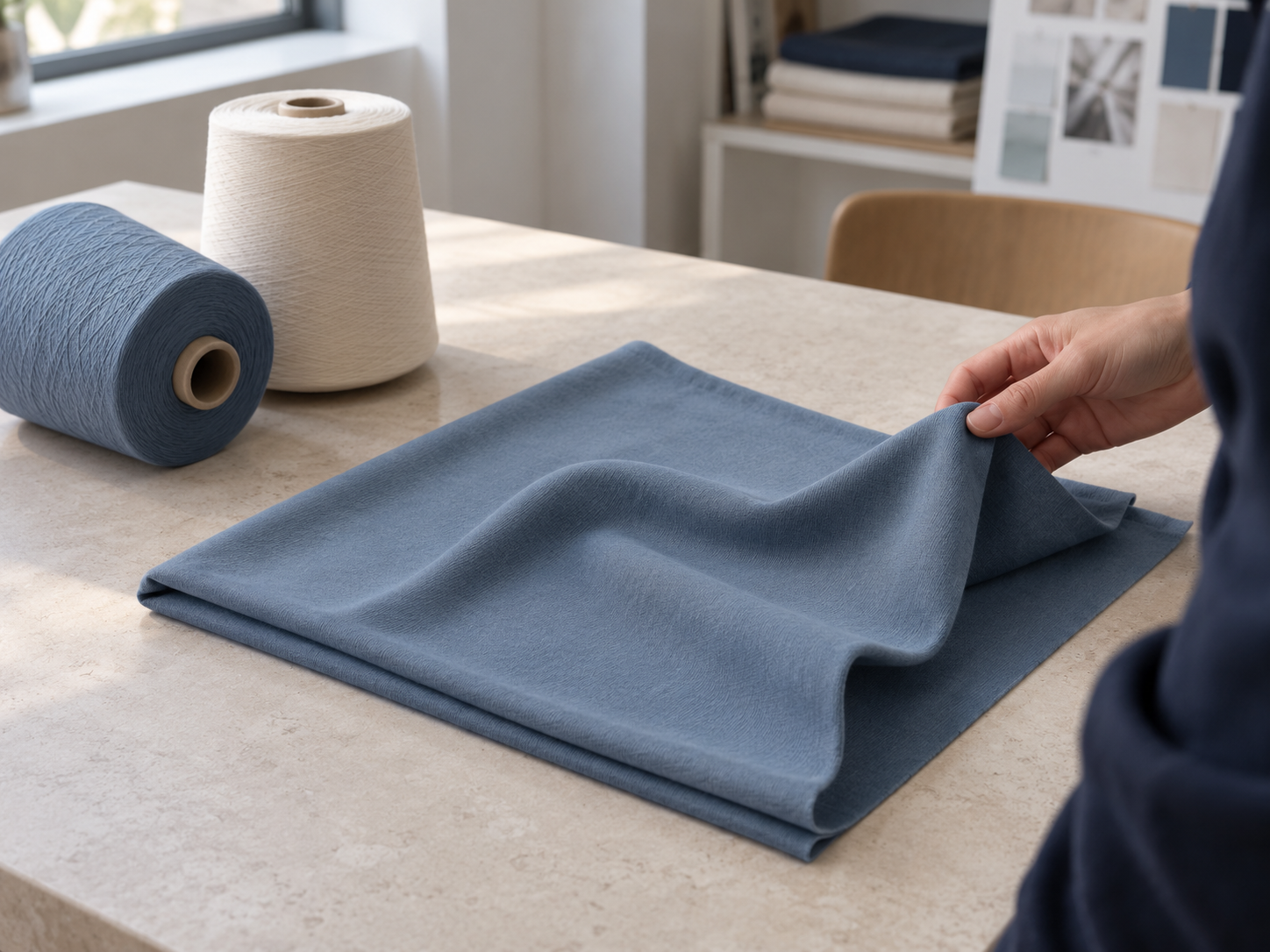 Steel-blue fabric and yarn samples