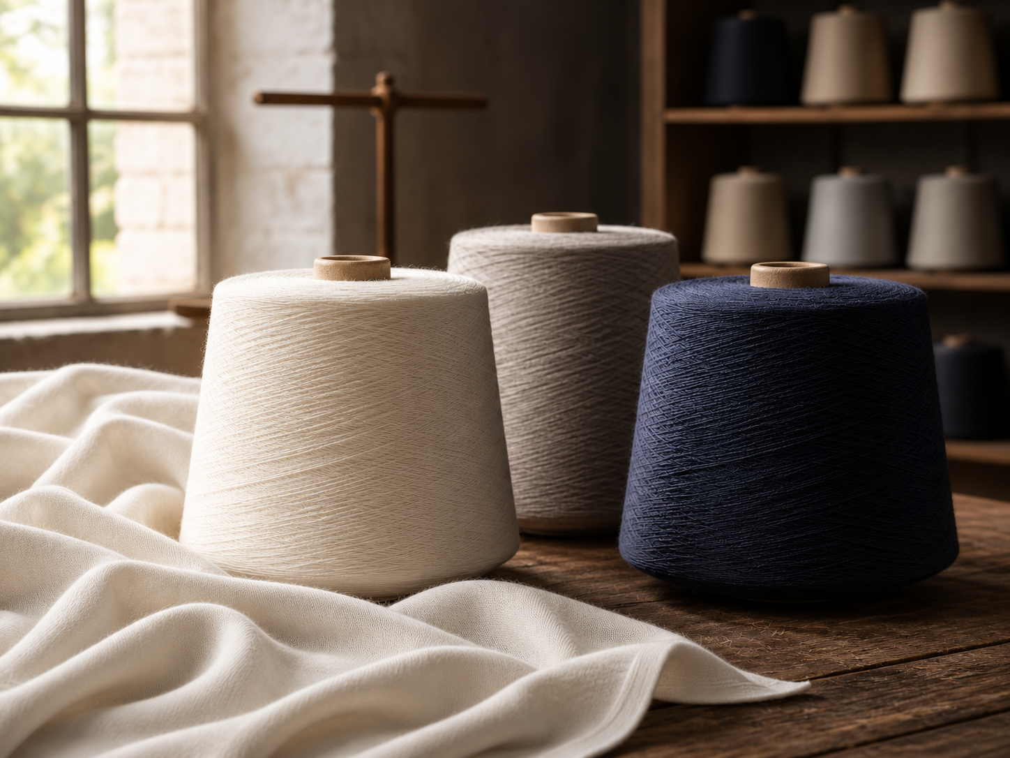 Fine yarn cones in window light